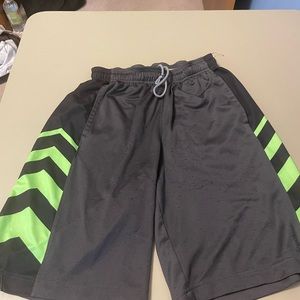 Gray/lime green Reebok shorts with drawstrings and pockets, HEAVILY SNAGGED